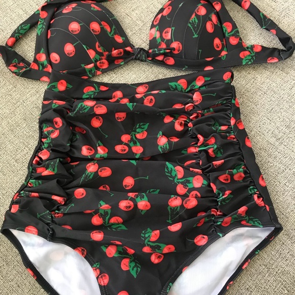 Cherry on black high waist bathing suit - Picture 3 of 4